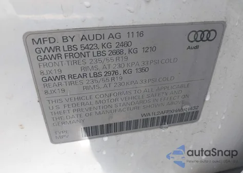 2017 Audi Q5 2.0T Premium z USA, uszkodzony, nr VIN WA1L2AFPXHA085432
